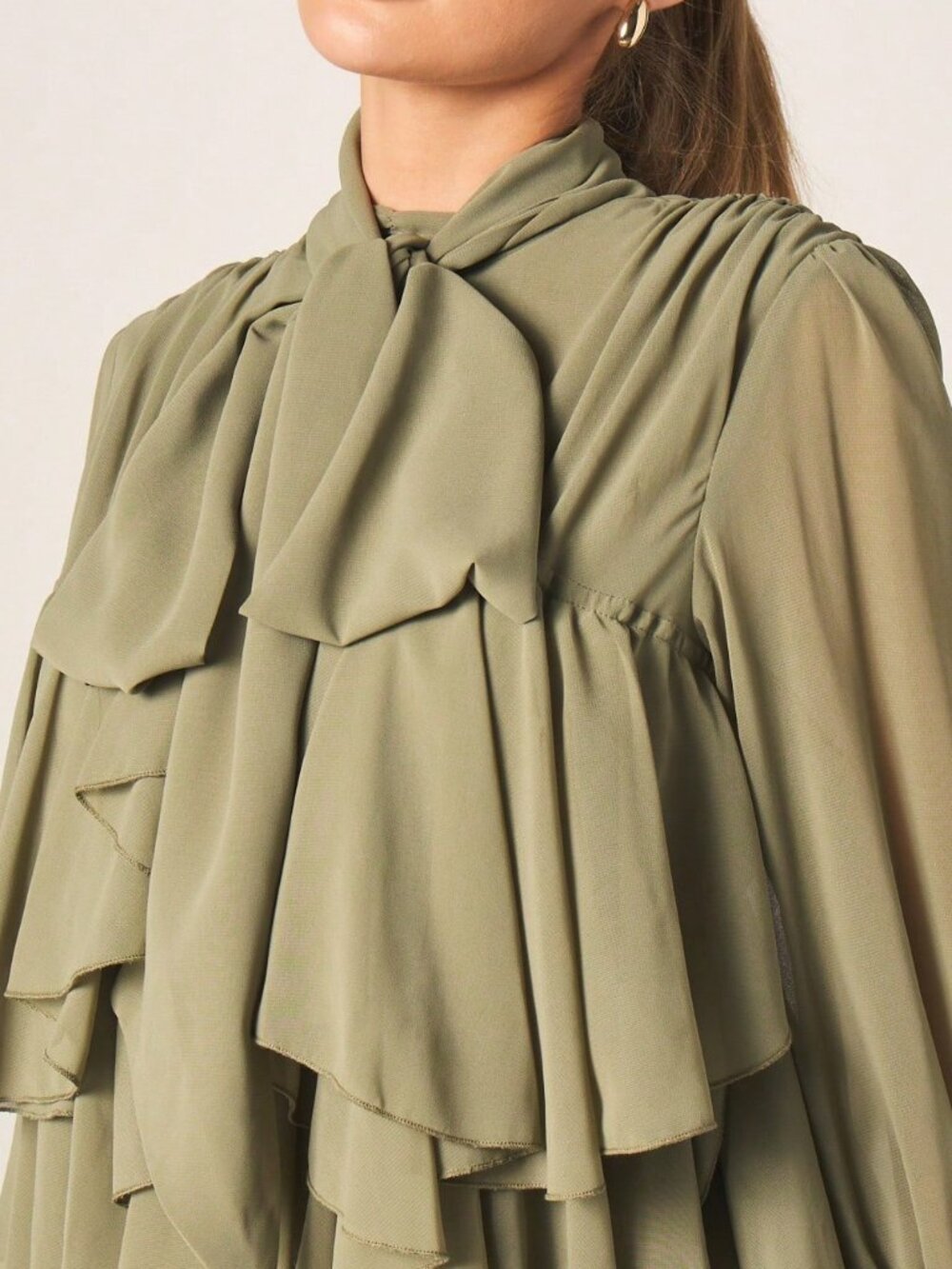 Olive Green Elegant Women's Chiffon Dress with Balloon Sleeves - Picture 4 of 6